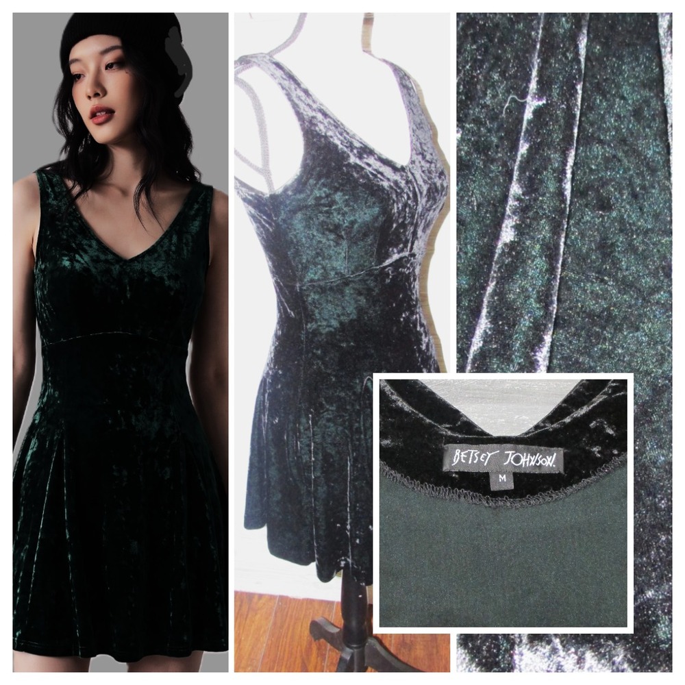 Vtg 90s Betsey Johnson Crush Velvet Skater Chameleon 2Tone Green Black Duochrome